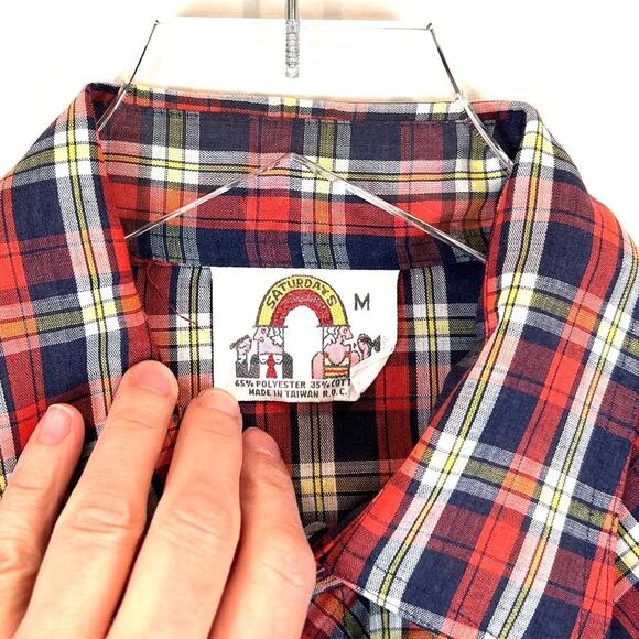 VTG Saturdays In California Men Western Plaid Pearl Snap Shirt Medium Hipster - Picture 4 of 5